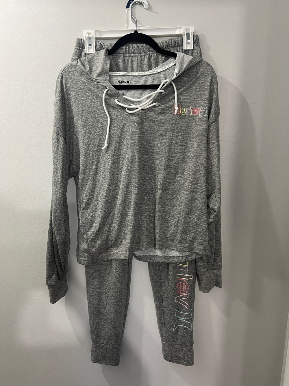 Hurley Gray Lace-Up Hoodie and Joggers Set with Multicolor Logo